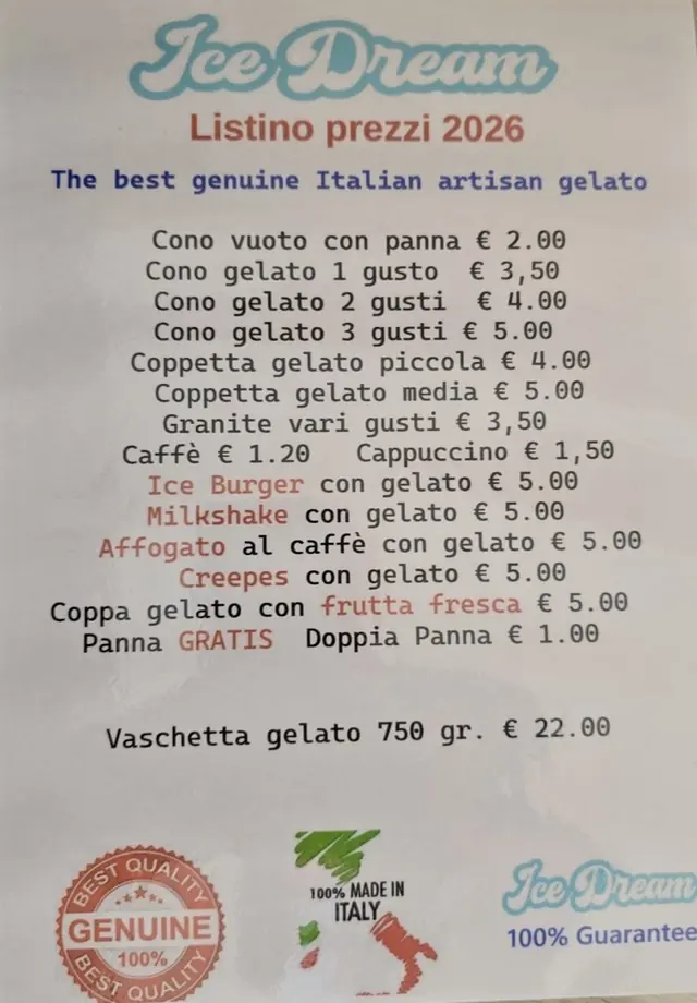 Gelateria Artigianale Ice Dream 2026 menu with gelato prices