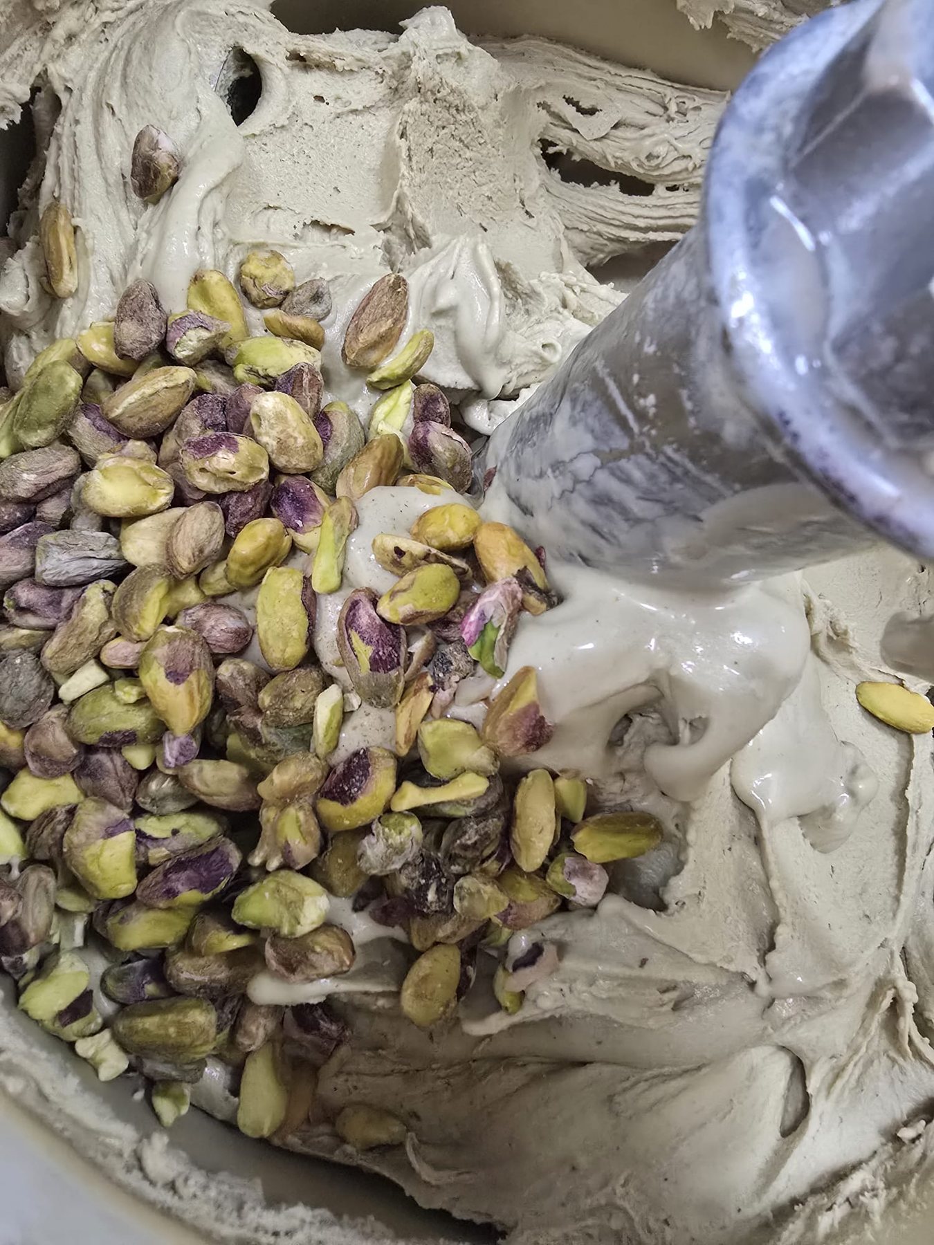 Fresh pistachio folded into gelato at Gelateria Artigianale Ice Dream